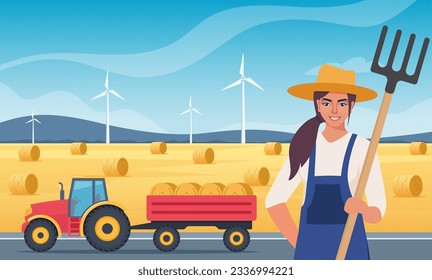 Farmer woman character with pitchfork near hayloft prepares hay in autumn. Tractor with hay bales in cart. Agricultural machinery. Vector Illustration