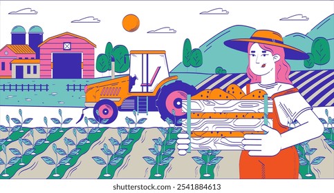 Mujer agricultora recogiendo la cosecha en la ilustración de dibujos animados de doodle de campo. Agricultura. Campesina caucásica que sostiene el carácter plano 2D del cajón de la patata aislado en blanco. Color de dibujo dibujado a mano Doodleart