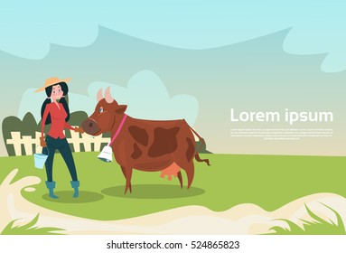 Farmer Woman With Cow Eco Farming Breeding Flat Vector Illustration