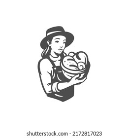 Farmer woman with fresh organic homemade baking pastry food loaf bread bun in basket vintage icon vector illustration. Female agricultural worker wheat flour seasonal harvest delicious food cook