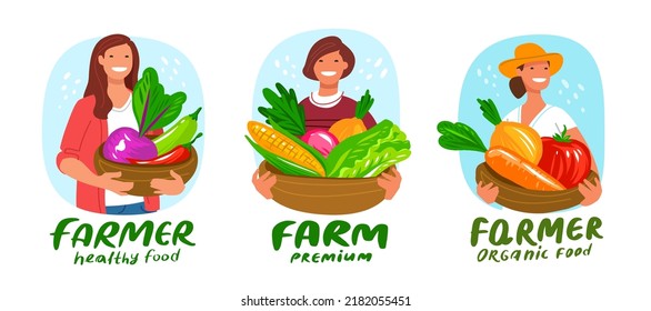 Farmer woman with fresh vegetable. Farming, rural life, gardening ,agriculture set concept. Flat cartoon