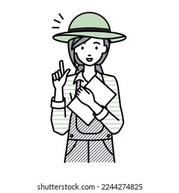 a farmer woman getting ideas standing with document pointing hand gesture
