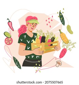 Farmer woman with harvest of fresh  vegetables and fruits. Emblem or logo design, banner or flyer backdrop for farm  fair and street market, flat vector illustration isolated on white background.