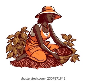 Farmer woman harvesting ripe coffee in season icon isolated