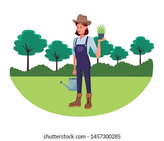 farmer woman with hat holding a plant pot and watering can avatar cartoon character over the grass with trees and shruberry vector illustration graphic design