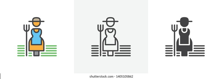 Farmer woman with hayfork icon. Line, glyph and filled outline colorful version, Female gardener with pitchfork outline and filled vector sign. Symbol, logo illustration. Different style icons set. 