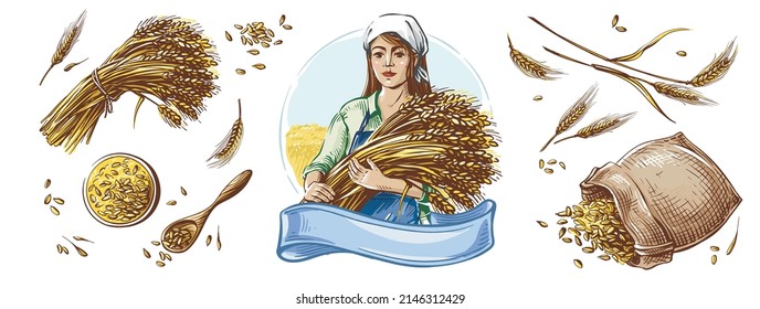 Farmer woman in a headscarf holds wheat in her hands. Color set. Great for logo and packaging. Grains of wheat in a canvas bag and a wooden spoon. Isolated headpiece. The illustration is hand drawn.