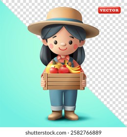 Farmer woman holding crate filled with fruits, 3d vector. Suitable for plantations, livestock and agriculture