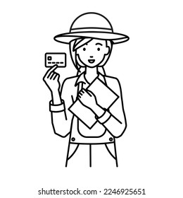 a farmer woman holding a credit card and a document file laptop