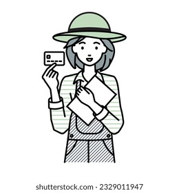 a farmer woman holding a credit card and a document file laptop