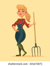 Farmer woman holding pitchfork. Happy farm girl. Vector flat cartoon illustration