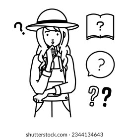 a farmer woman holding a question standing with her finger on her chin question mark set