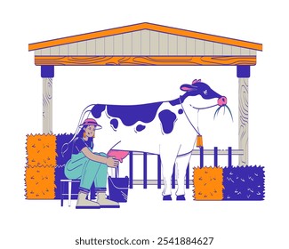 Farmer woman milking cow doodle cartoon illustration. Cattle cowshed. Dairy farm milkmaid latin american countrywoman 2D flat character isolated on white. Doodleart hand-drawn drawing colorful