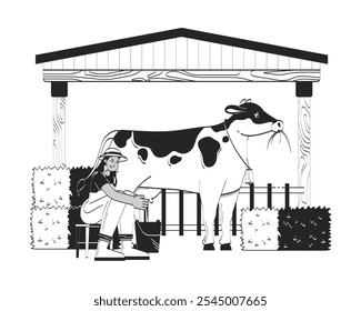 Farmer woman milking cow doodle lineart illustration. Cattle cowshed. Dairy farm milkmaid latin american countrywoman 2D line ink character isolated on white. Monochrome vector outline hand-drawn