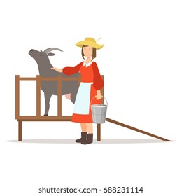 Farmer woman milking her goat, farming and agriculture vector Illustration
