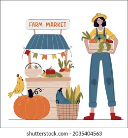 Farmer woman in modern style selling fruits and vegetables. Farm Market or Eat Local concept. Buy fresh organic products from the local farmer’s market. Cartoon vector illustration