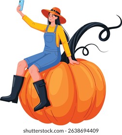 Farmer woman in modern style sitting on huge pumpkin and taking selfie on mobile phone. Harvesting, Farm Market or Harvest Festival concept. Cartoon vector illustration