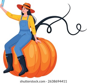 Farmer woman in modern style sitting on huge pumpkin and taking selfie on mobile phone. Harvesting, Farm Market or Harvest Festival concept. Cartoon vector illustration
