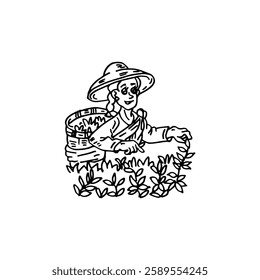 Farmer woman picking tea leaves, hand-drawn doodle cartoon farming vector.