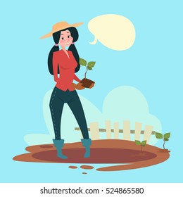 Farmer Woman Plant Tree Eco Farming Flat Vector Illustration