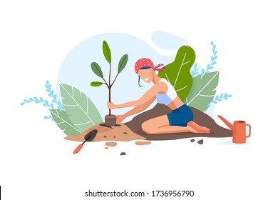 Mujer campesina plantando árbol en el jardín. Ecología, orgánica, botánica, plantas verdes, regar una planta, cultiva el concepto de árboles. La gente jardinería. Ilustración aislada del vector plano de moda.