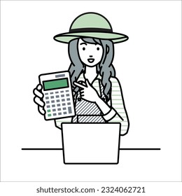 a farmer woman recommending, proposing, showing estimates and pointing a calculator with a smile in front of laptop pc