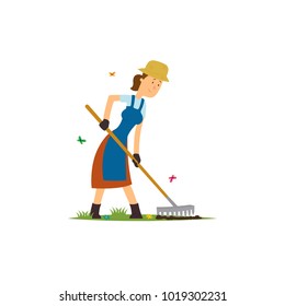 farmer woman running rake. vector