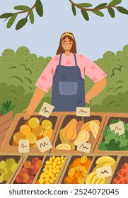 Mujer agricultora que vende frutas y verduras en un puesto en el mercado. Vector vendedor de carácter femenino con cajas de calabazas, lechuga y plátanos, frutas y uvas, bayas y manzanas para la venta