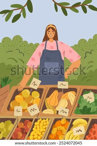 Farmer woman selling fruits and vegetables at stall on market. Vector female character vendor with boxes of pumpkins, lettuce and bananas, fruits and grapes, berries and apples for sell