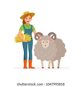 Farmer - woman with a sheep smiling with hay. Farming concept vector illustration in flat design. Happy farmer and farm animal cartoon characters isolated on white background.