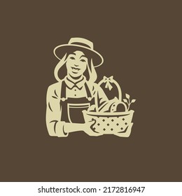 Farmer woman with straw basket full of agricultural organic food bakery seasonal vegetable harvest vintage icon vector illustration. Female gardener in hat farm market ecology product grocery shop