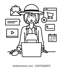 a farmer woman using laptop computer for browsing web sites, digital marketing, payment, managing online store, and supporting customers at her desk