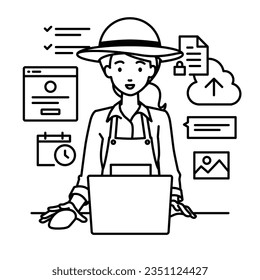 a farmer woman using laptop computer for browsing web sites, researching, sharing files on cloud, scheduling, managing projects, organizing tasks, and communicating with team at her desk
