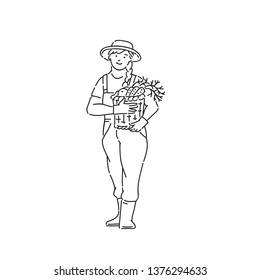 Farmer woman with vegetable basket in hand. Line art style character vector black white isolated illustration.