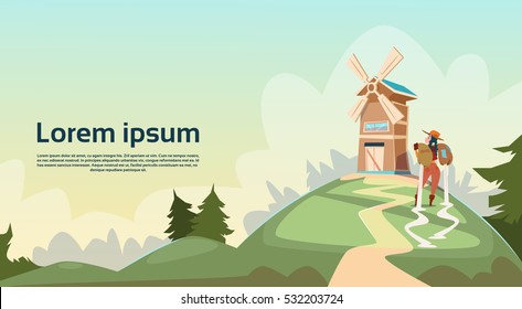 Farmer Woman Wheat Mill Building Farmland Countryside Landscape Flat Vector Illustration