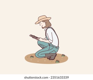 Mujer campesina trabajando con tablet en el campo. Ilustraciones de diseño vectorial de estilo dibujado a mano.