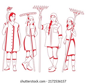 Farmer women holding rake. Farmer girls line art. Vector illustration for laser cutting or engraving. Laser - CNC Ready. Womans with gumboots. 