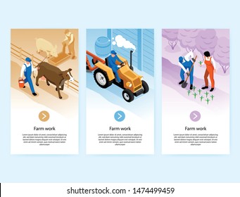 Farmer work 3 isometric vertical web banners with cow milking planting seedlings tractor plowing soil vector illustration 