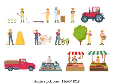 Farmer work agriculture isolated icons set vector. Man spraying bushes, harvesting season and care for pigs cow and hens. Marketplace and selling