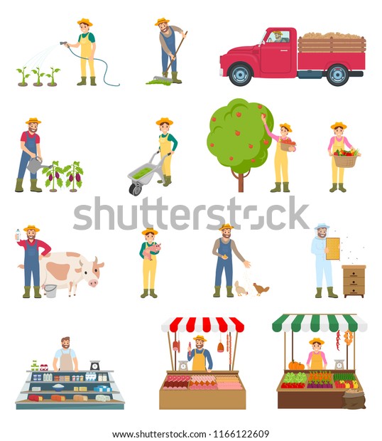 Farmer Work Agriculture Isolated Icons Set Stock Vector (Royalty Free ...