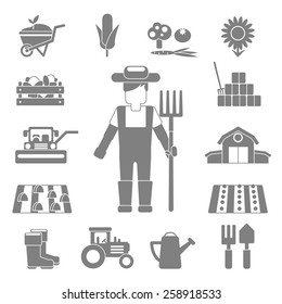 Farmer work black decorative icons set with vegetables harvest tractor fork isolated vector illustration
