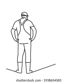 Farmer in work clothes keeps his hands on his hips. Back view. Hand drawn vector illustration.