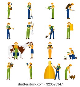 Farmer at work flat icons collection of orchard crops harvesting and raising livestock abstract isolated vector illustration