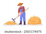 Farmer work with hay. Agriculture worker with hay pitchfork, rural harvesting flat vector illustration. Agriculture farm work scene