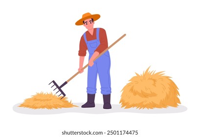 Farmer work with hay. Agriculture worker with hay pitchfork, rural harvesting flat vector illustration. Agriculture farm work scene