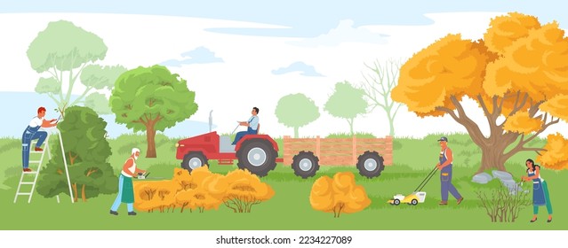 Labor de los agricultores en la ilustración de vectores de campos agrícolas. Gente cosechando, cultivando, cortando y recolectando heno en caricatura de la aldea. Tierras agrícolas en el campo, concepto de trabajo de jardín rural