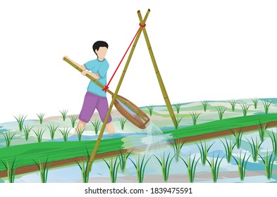 farmer work in paddy field vector design,long-handled sccop-shaped basket suspended from a tripod used for scooping water 