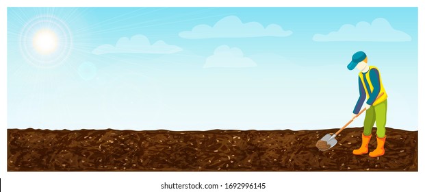 Bauer bei der Arbeit mit Schaufel im Feld. Vektorgrafik des Landmanns, der Erde ausgraben, entspannen und befruchten möchte. Pflugfeld horizontale Landschaft mit Gardner. Landschaftlicher Himmel und Landhintergrund.