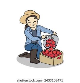 Trabajo del agricultor en la granja del tomate, ilustración vectorial dibujada a mano.