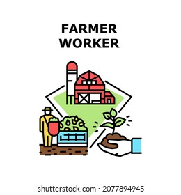 Farmer Worker Vector Icon Concept. Farmer Worker Harvesting In Garden And Growing Organic Natural Plant On Field, Man Farmland Agricultural Occupation. Barn Building Construction Color Illustration